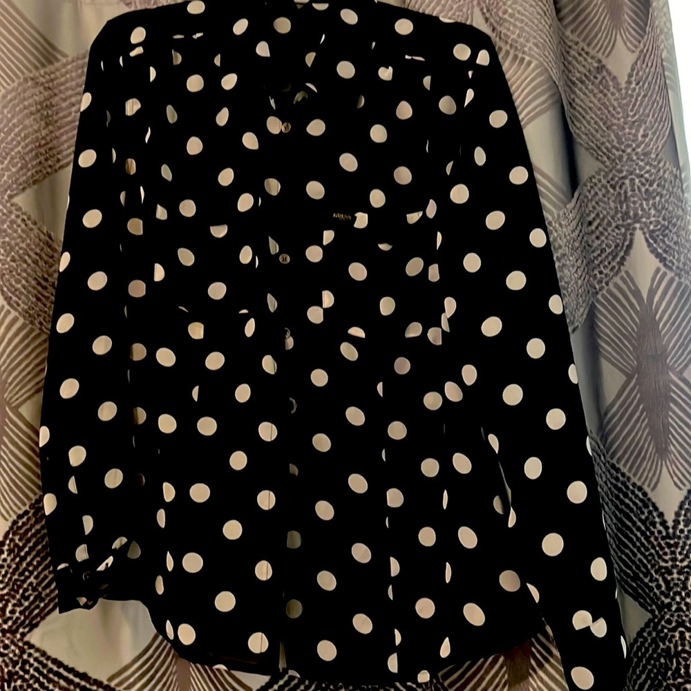 GUESS- Long Sleeve SHEER Black Top With White Polka Dots M - Women
